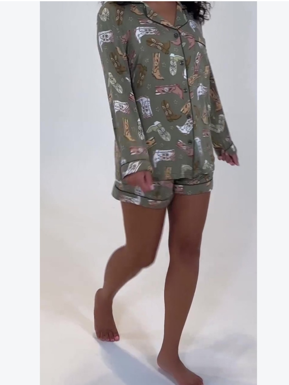 Tiny Talulah Cowboy Cowgirl Boots Western Pajama Set Shorts Olive Green Large